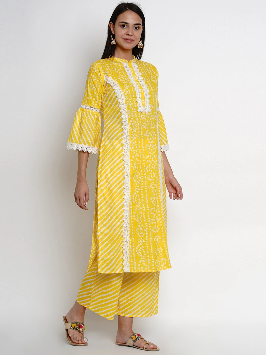 Bhama Couture Women Yellow &amp; White Printed Kurta with Palazzos-L-2