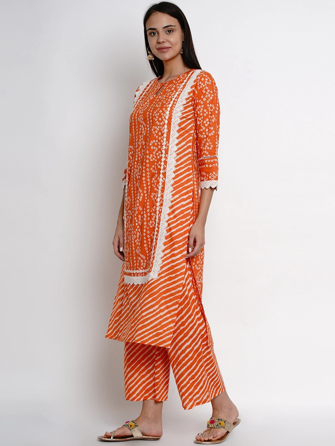 Bhama Couture Women Orange &amp; White Printed Kurta with Palazzos-L-1