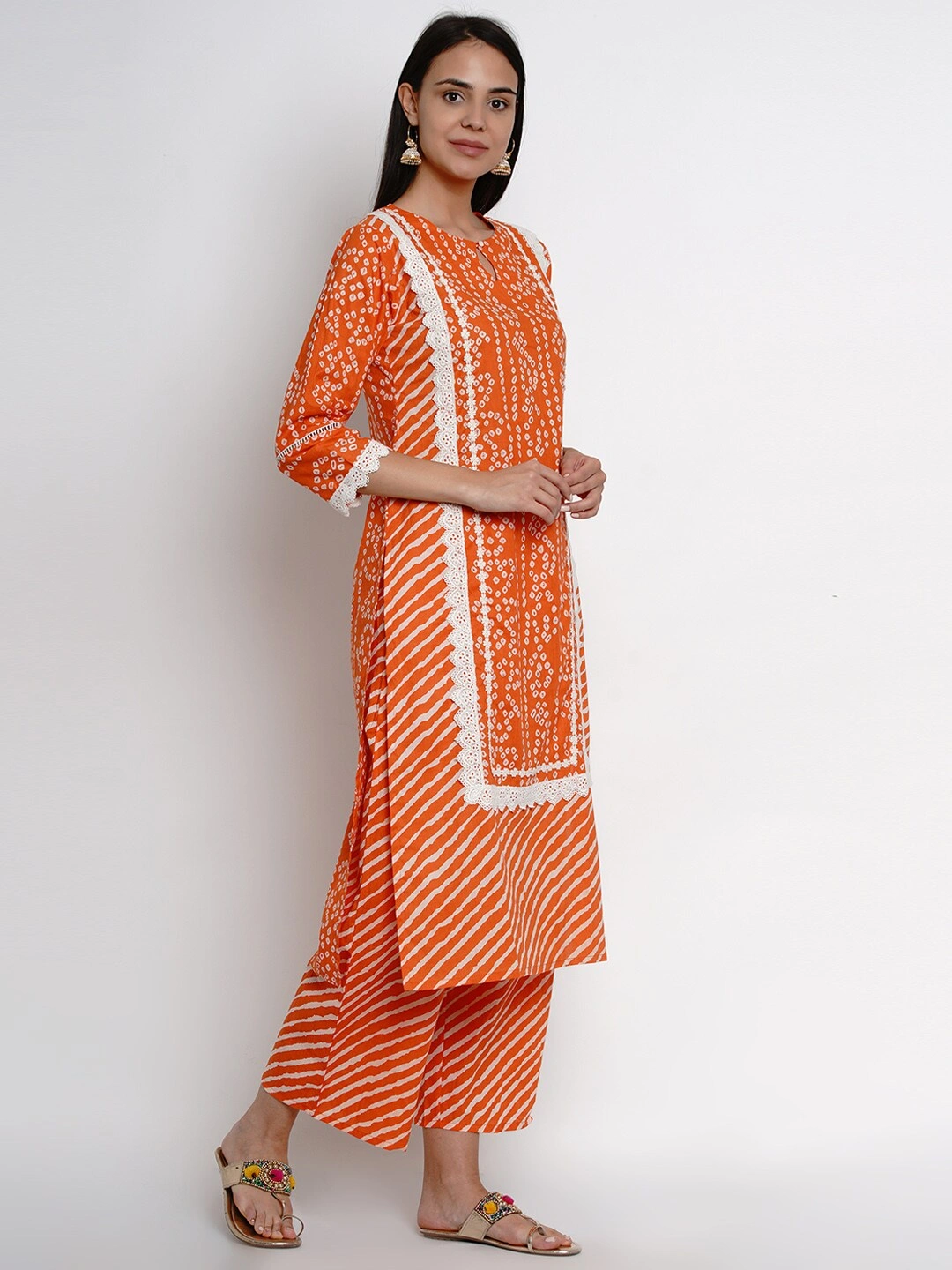 Bhama Couture Women Orange &amp; White Printed Kurta with Palazzos-L-2