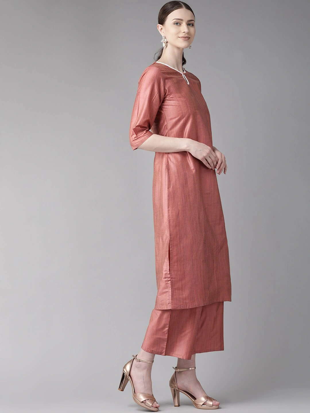 Bhama Couture Women Peach-Coloured Solid Kurta with Palazzos &amp; Dupatta-L-2