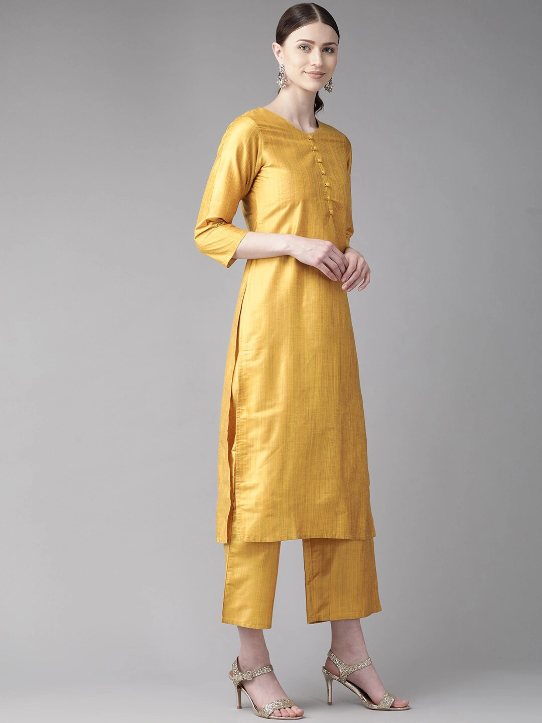 Bhama Couture Women Mustard Yellow Solid Kurta with Palazzos &amp; Dupatta-S-2