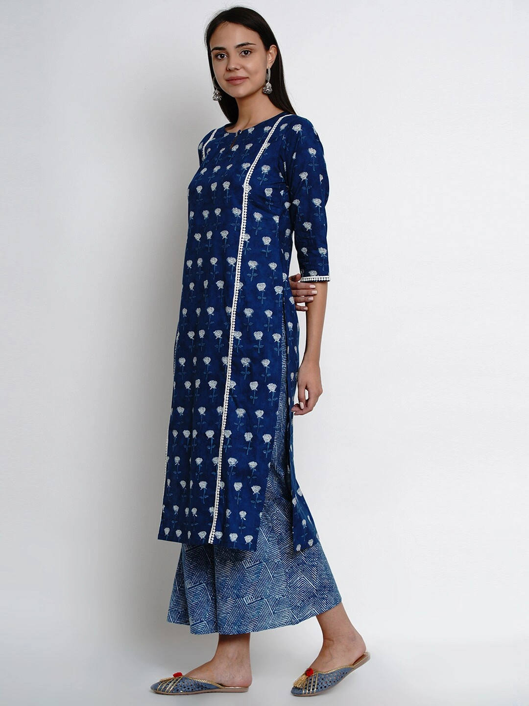 Bhama Couture Women Blue &amp; White Indigo Printed Kurta with Palazzos-M-1