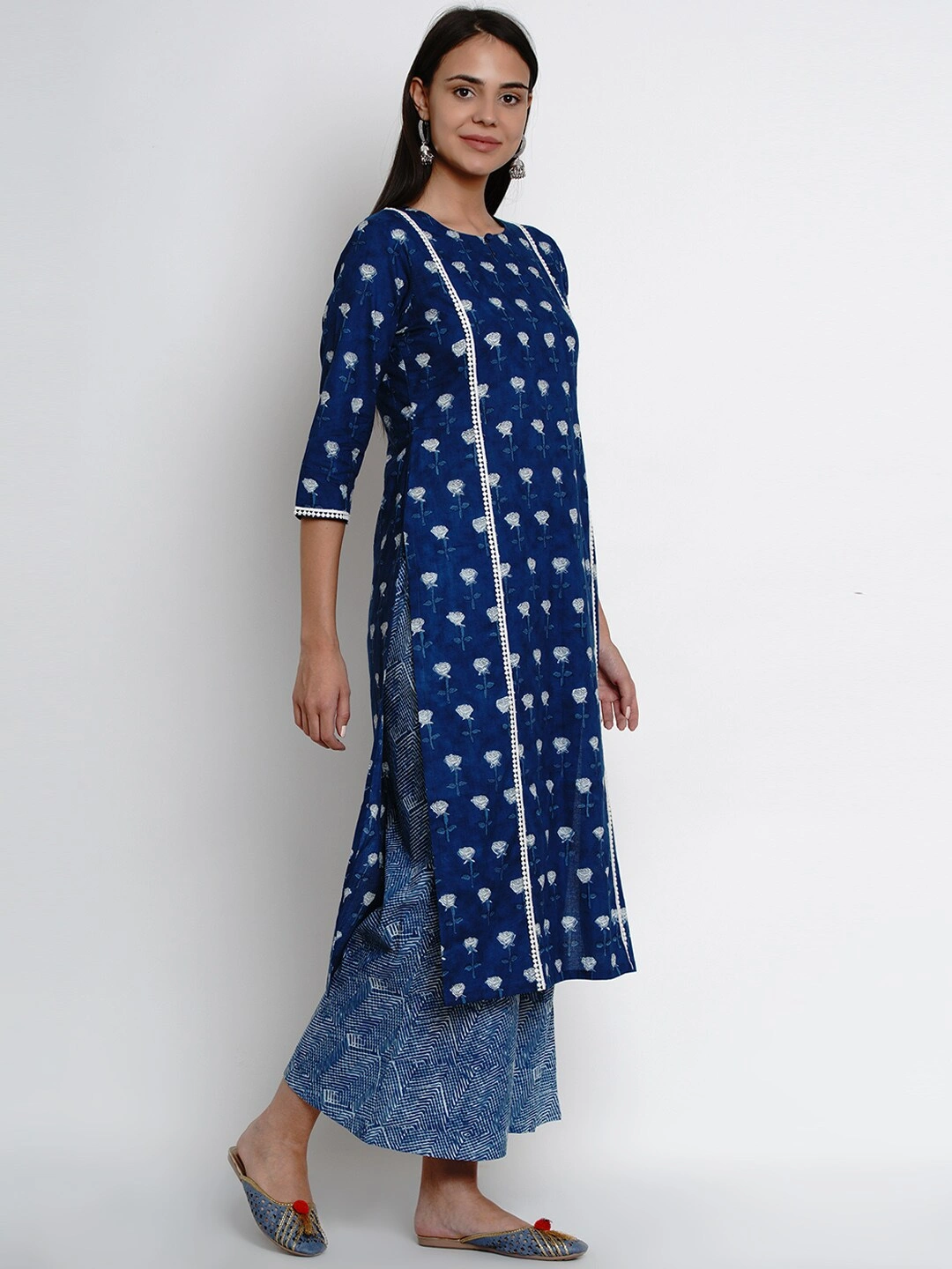 Bhama Couture Women Blue &amp; White Indigo Printed Kurta with Palazzos-M-2