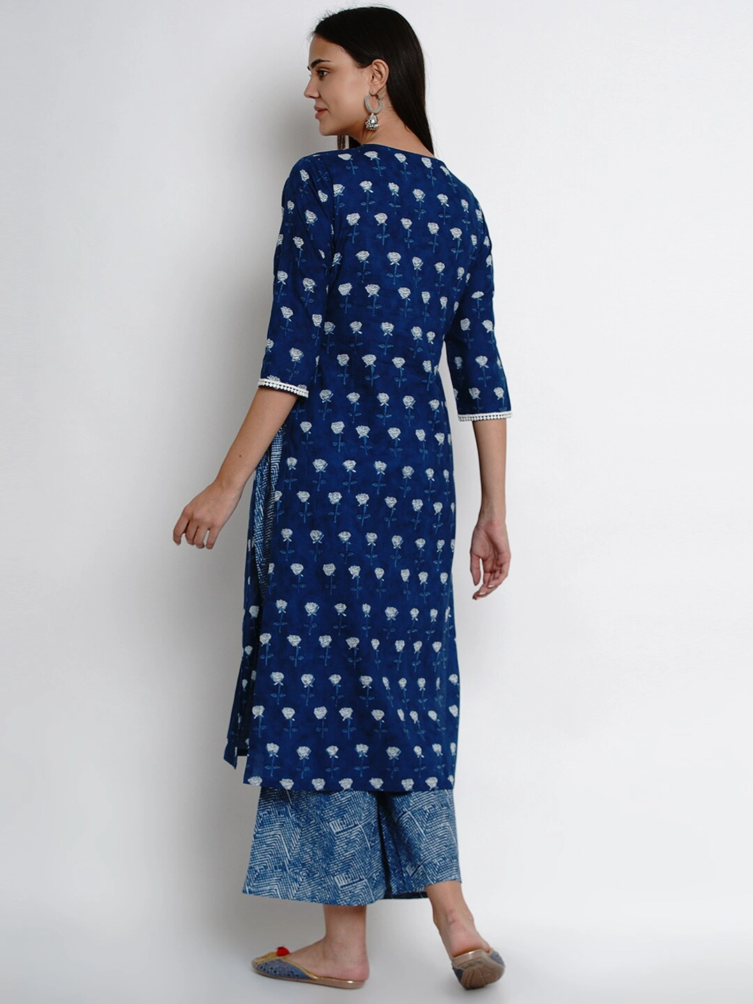 Bhama Couture Women Blue &amp; White Indigo Printed Kurta with Palazzos-M-3