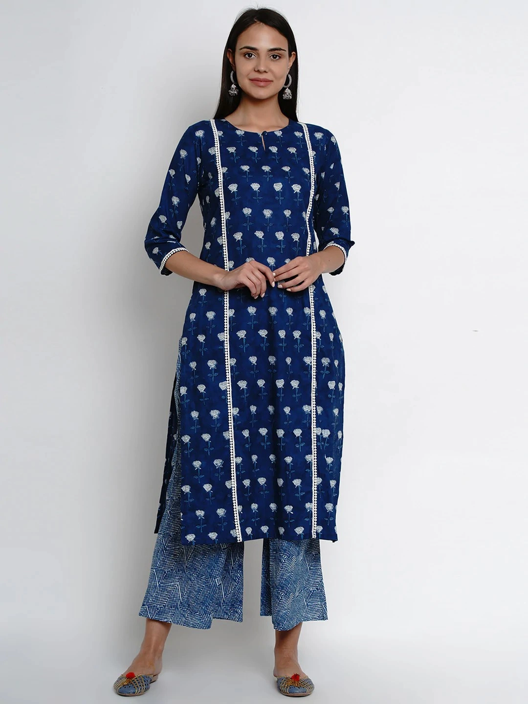 Bhama Couture Women Blue &amp; White Indigo Printed Kurta with Palazzos-KS032_S