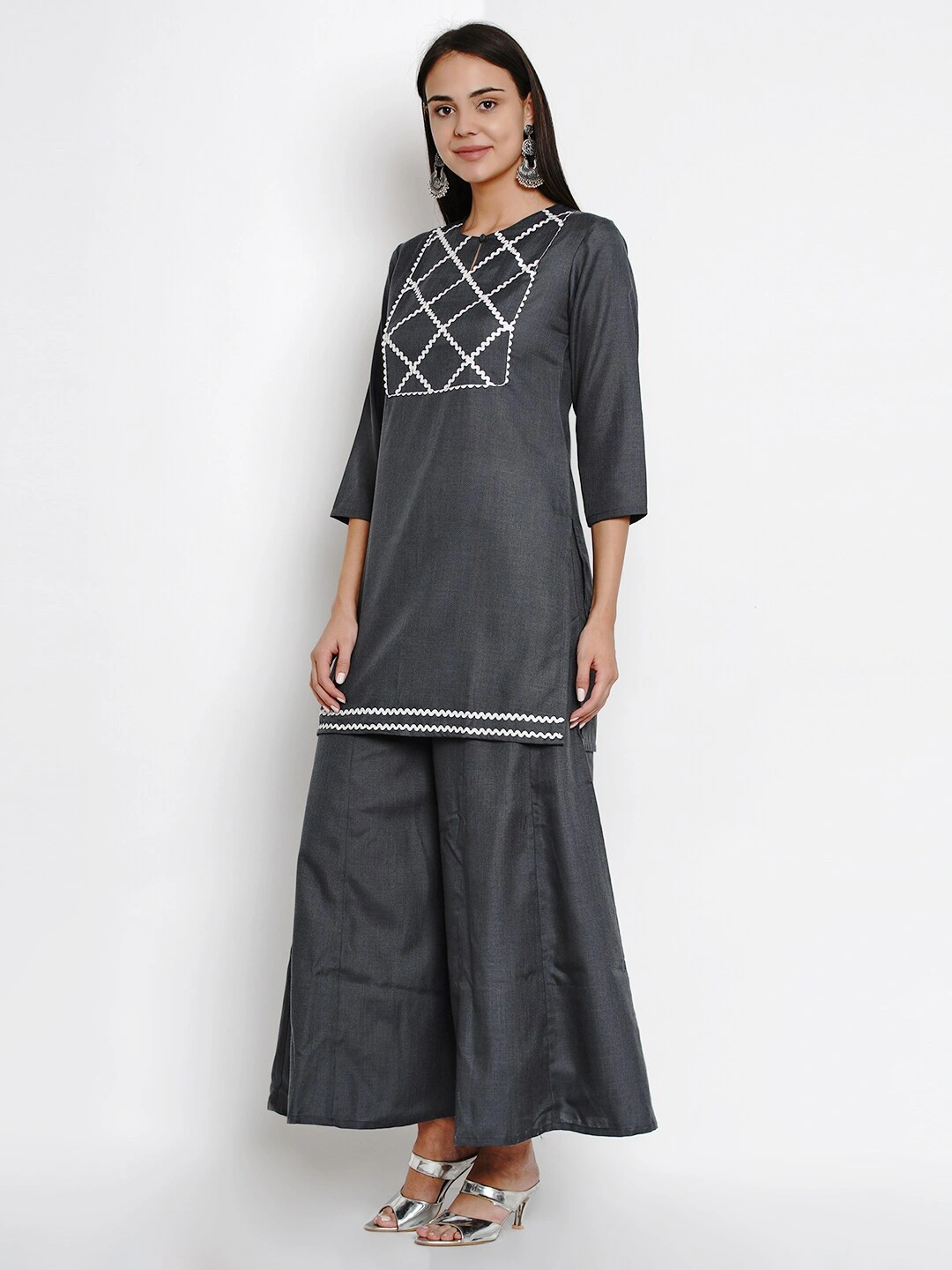 Bhama Couture Women Grey Solid Kurta with Palazzos-M-1