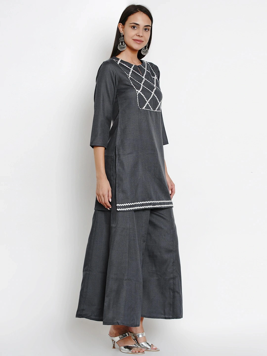 Bhama Couture Women Grey Solid Kurta with Palazzos-M-2