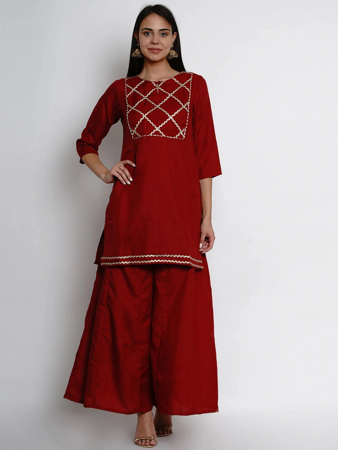 Bhama Couture Women Maroon &amp; Gold-Coloured Yoke Design Kurta with Palazzos-SRPBHKS002_L