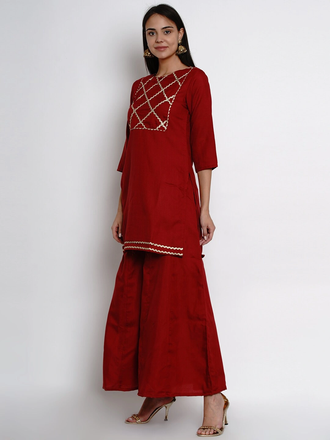 Bhama Couture Women Maroon &amp; Gold-Coloured Yoke Design Kurta with Palazzos-L-1