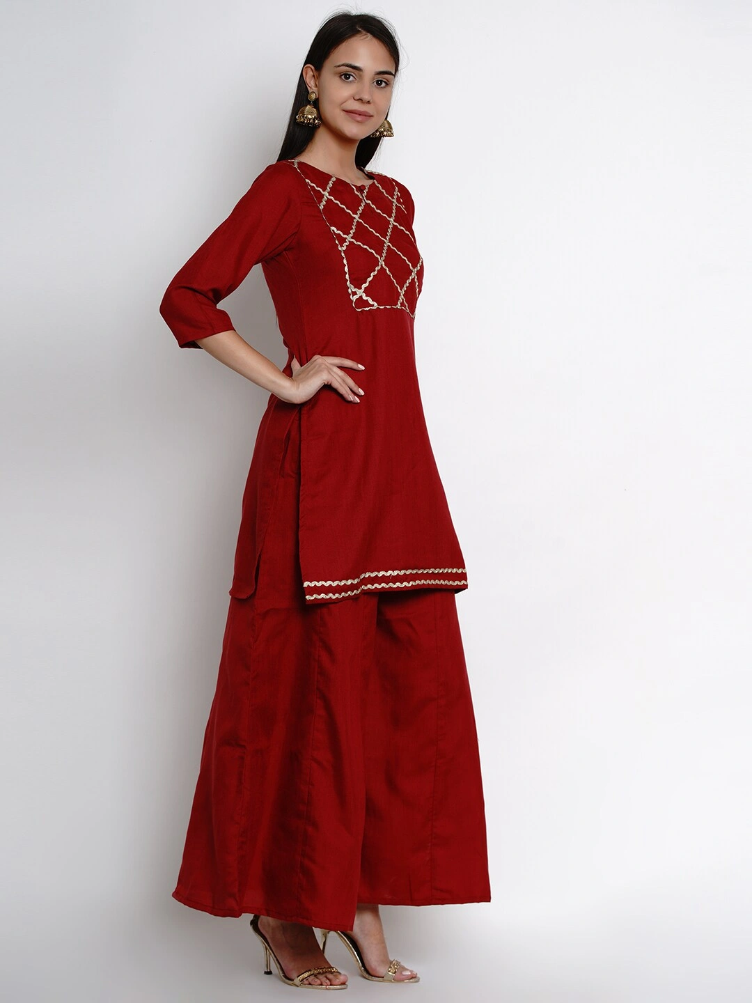 Bhama Couture Women Maroon &amp; Gold-Coloured Yoke Design Kurta with Palazzos-L-2