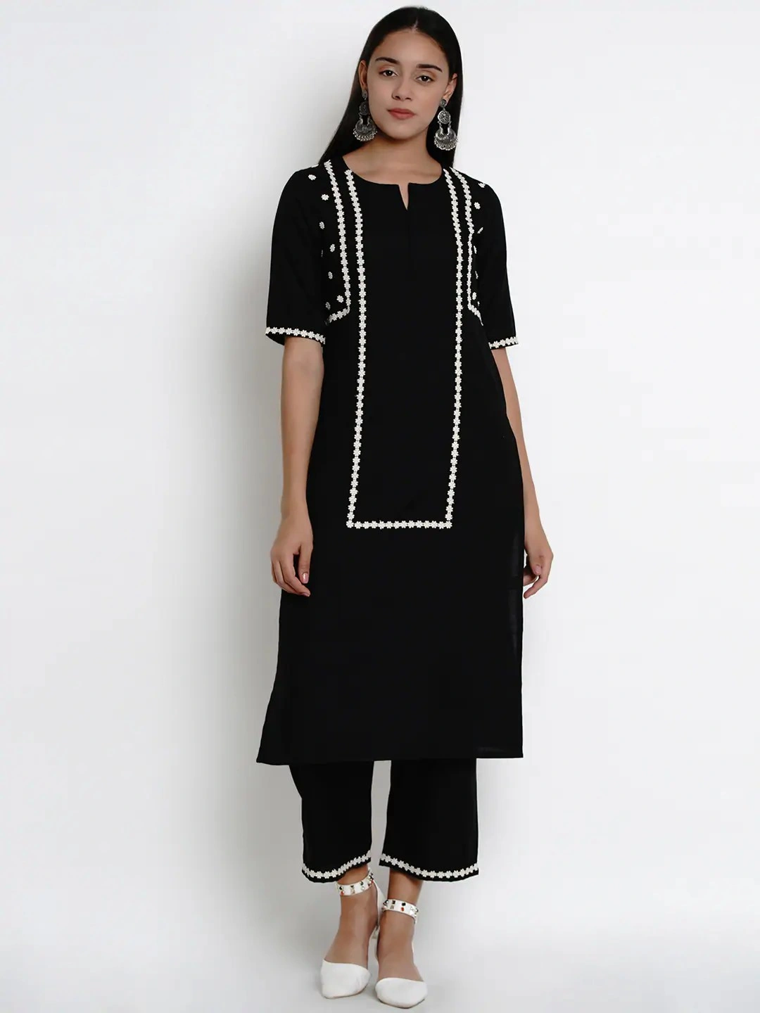 Bhama Couture Women Black &amp; White Embroidered Kurta with Palazzos-SRPBHKS007_L