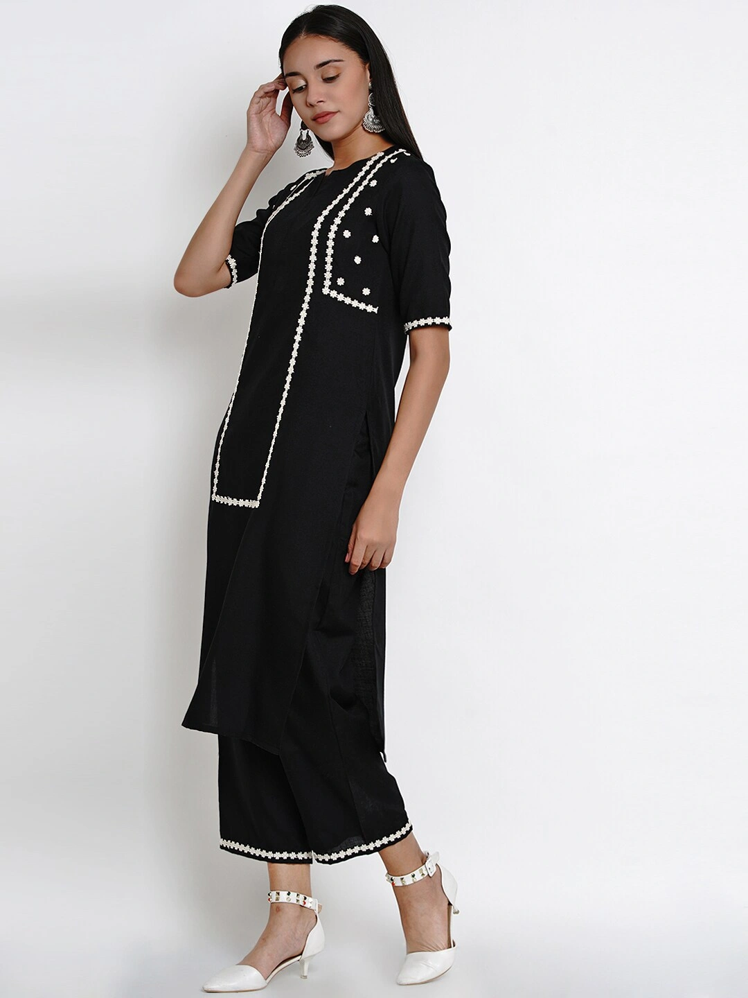 Bhama Couture Women Black &amp; White Embroidered Kurta with Palazzos-L-1