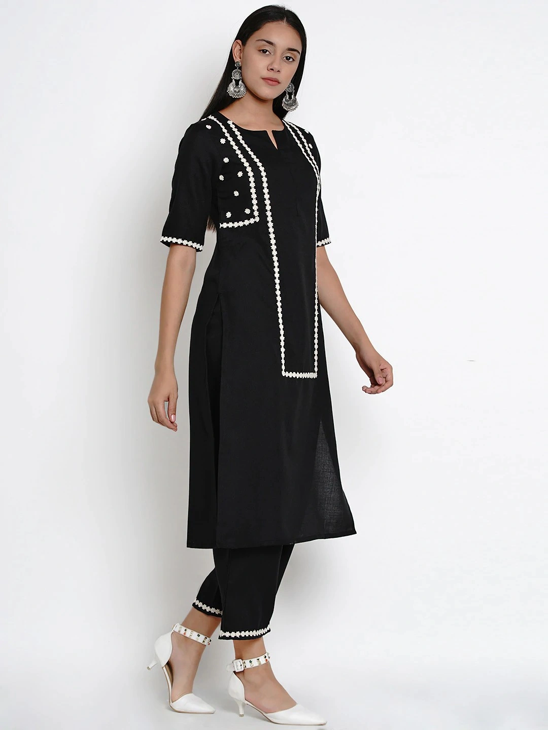 Bhama Couture Women Black &amp; White Embroidered Kurta with Palazzos-L-2