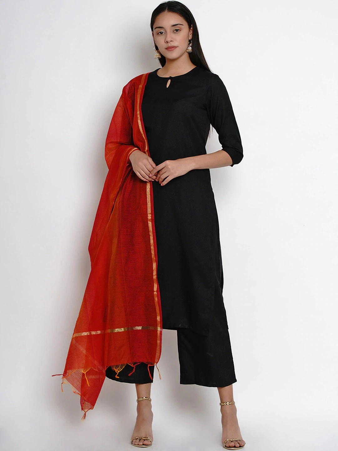 Bhama Couture Women Black &amp; Red Solid Kurta with Palazzos &amp; Dupatta-SRPBHKS009_L