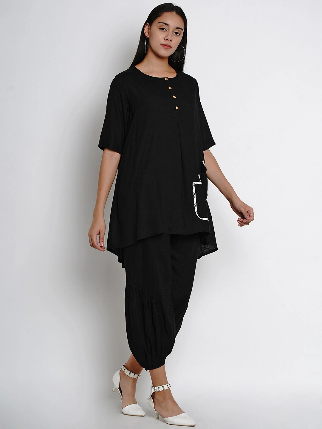 Bhama Couture Women Black Self Design Kurta with Dhoti Pants-M-2