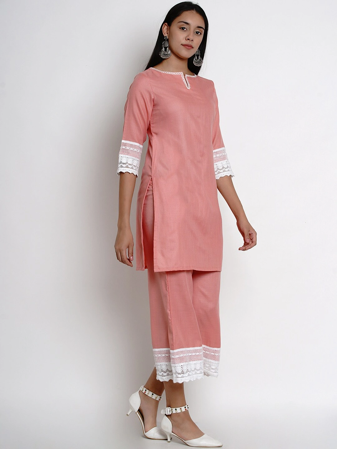 Bhama Couture Women Peach &amp; White Self Design Kurti with Palazzos-M-2