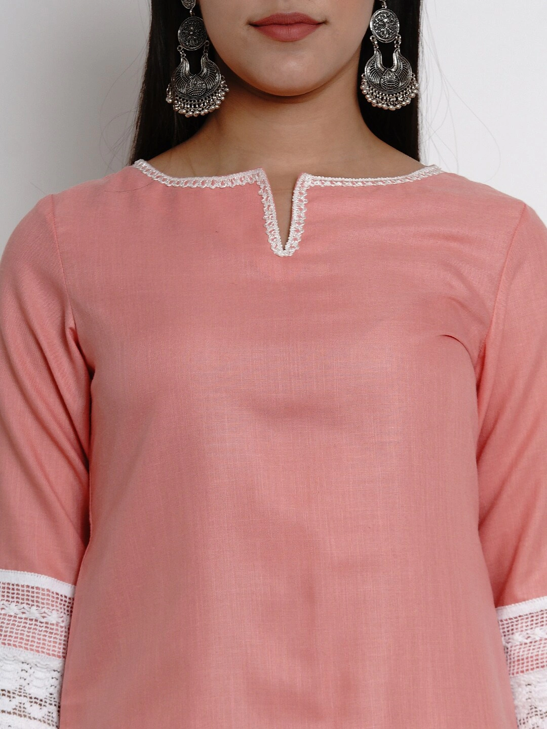 Bhama Couture Women Peach &amp; White Self Design Kurti with Palazzos-M-4