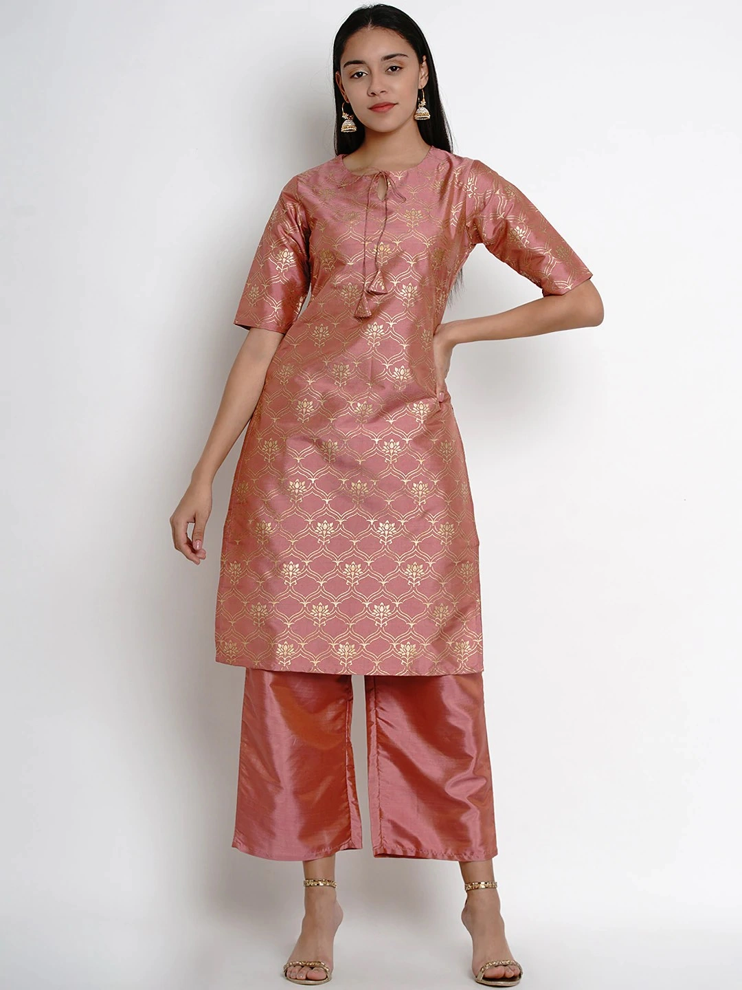 Bhama Couture Women Peach-Coloured &amp; Gold-Toned Printed Kurta with Palazzos-SRPBHKS012_L