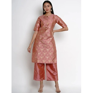 Bhama Couture Women Peach-Coloured & Gold-Toned Printed Kurta with Palazzos
