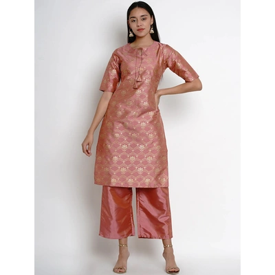 Bhama Couture Women Peach-Coloured & Gold-Toned Printed Kurta with Palazzos