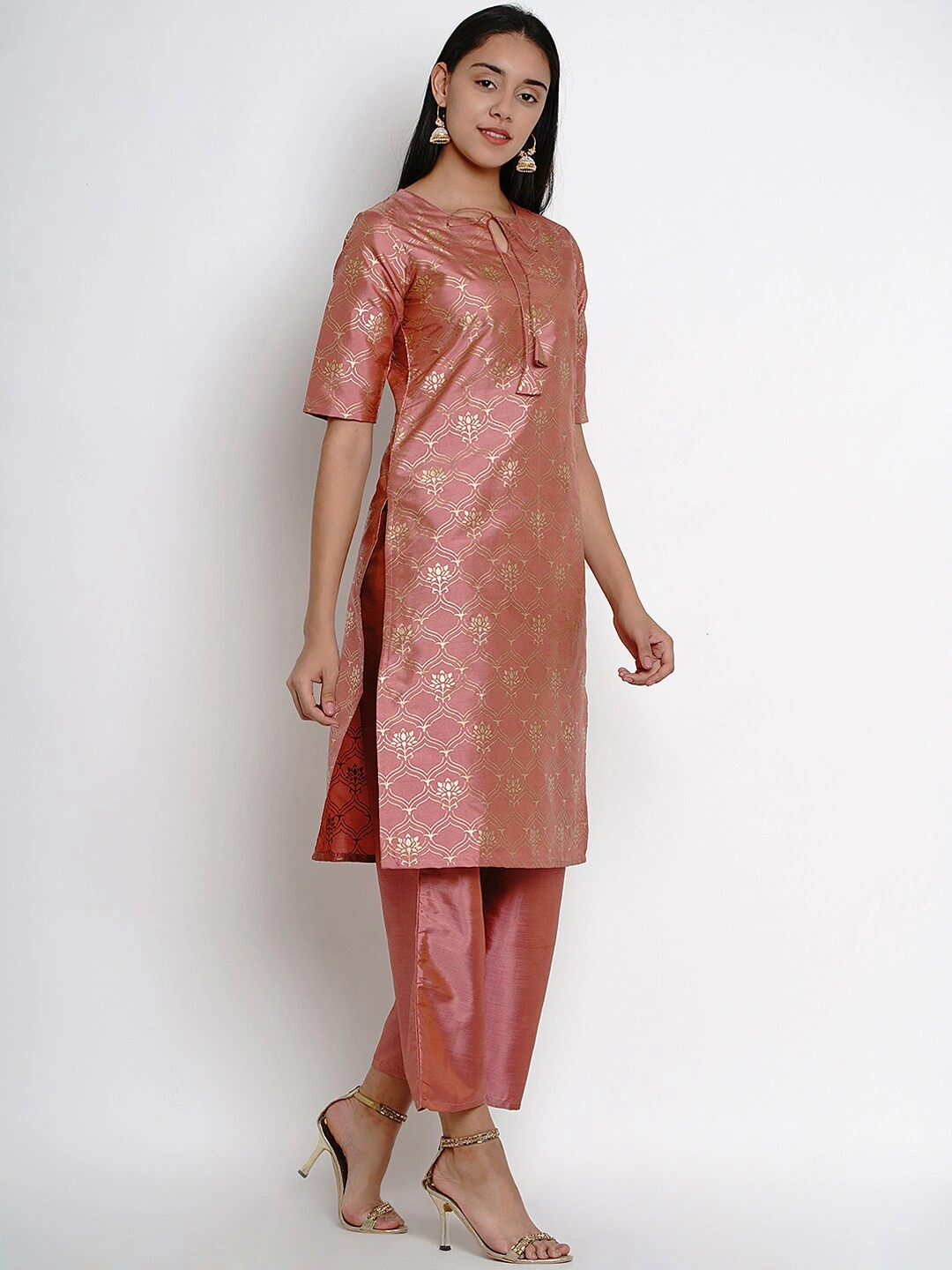 Bhama Couture Women Peach-Coloured &amp; Gold-Toned Printed Kurta with Palazzos-L-2