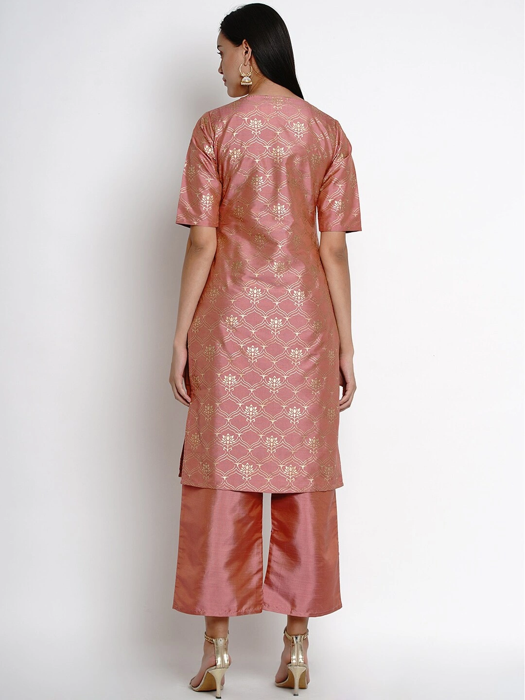 Bhama Couture Women Peach-Coloured &amp; Gold-Toned Printed Kurta with Palazzos-L-3