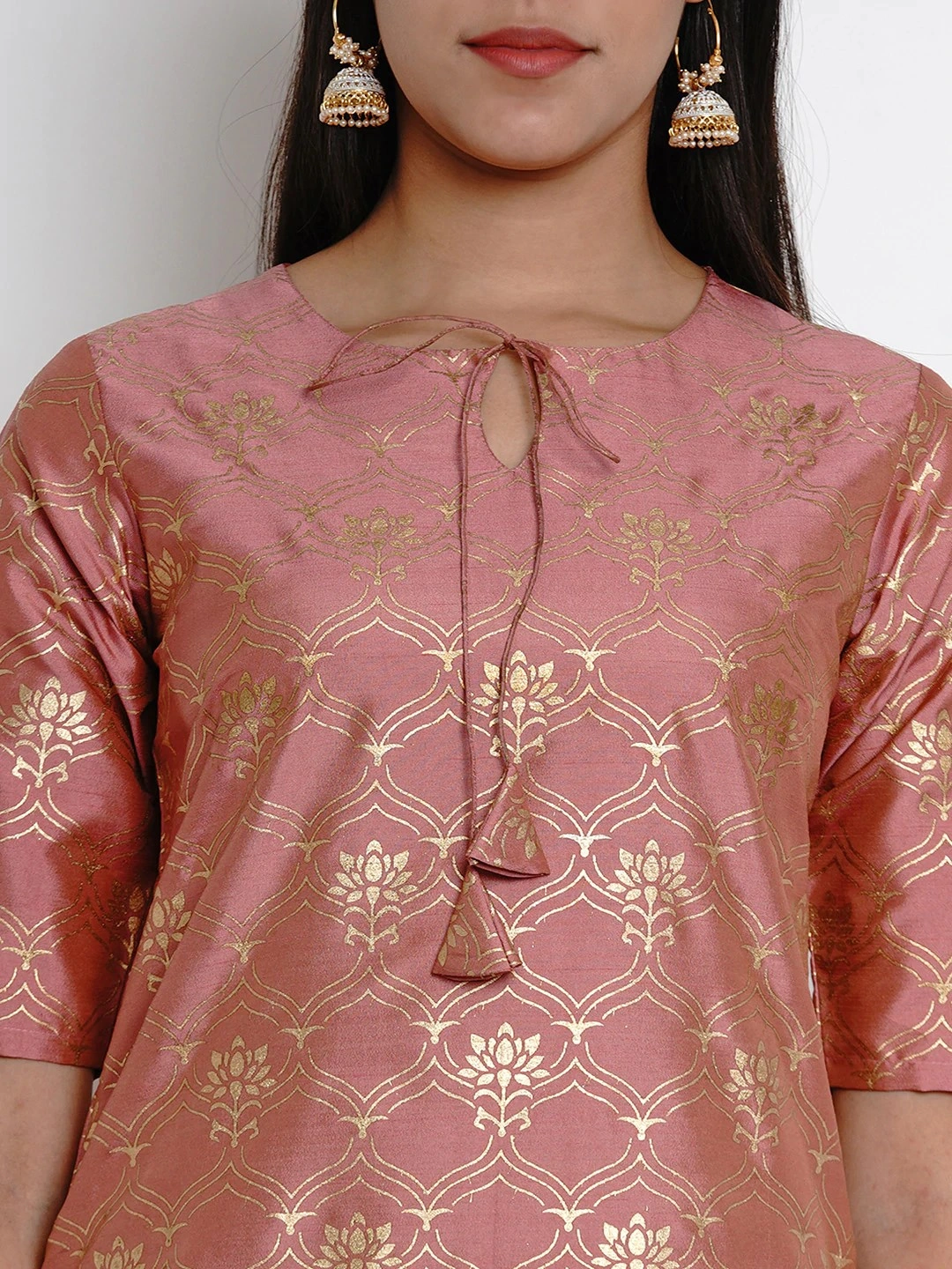 Bhama Couture Women Peach-Coloured &amp; Gold-Toned Printed Kurta with Palazzos-L-4