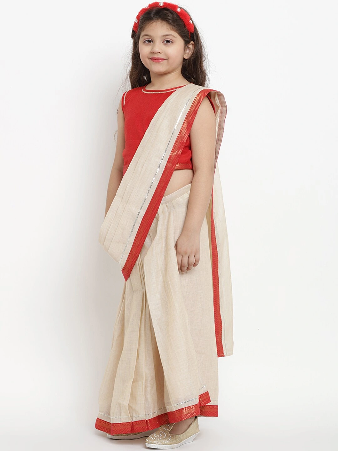 Bitiya by Bhama Girls Beige &amp; Red Art Silk Solid Chanderi Saree-3-4Y-1