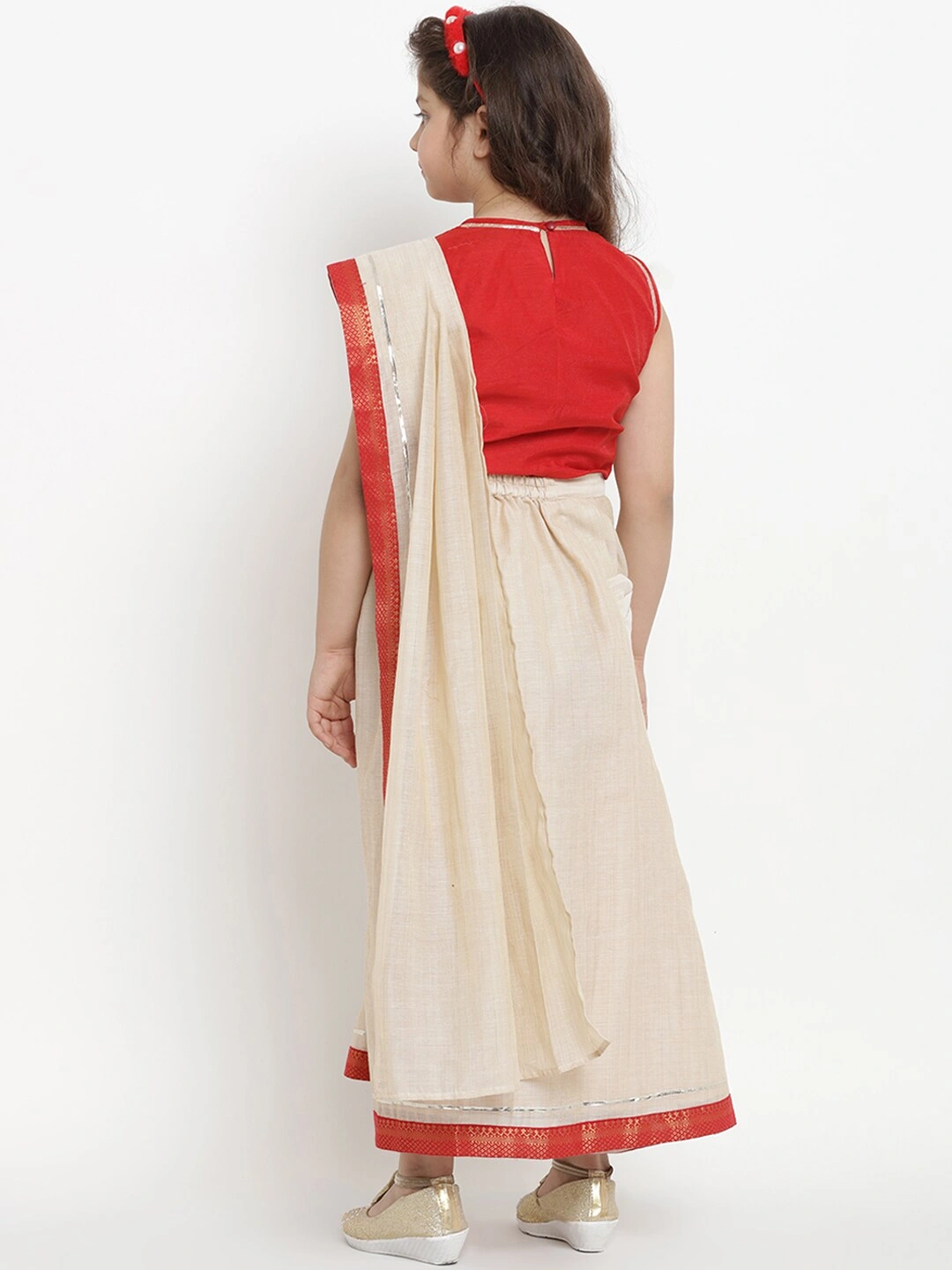 Bitiya by Bhama Girls Beige &amp; Red Art Silk Solid Chanderi Saree-3-4Y-2