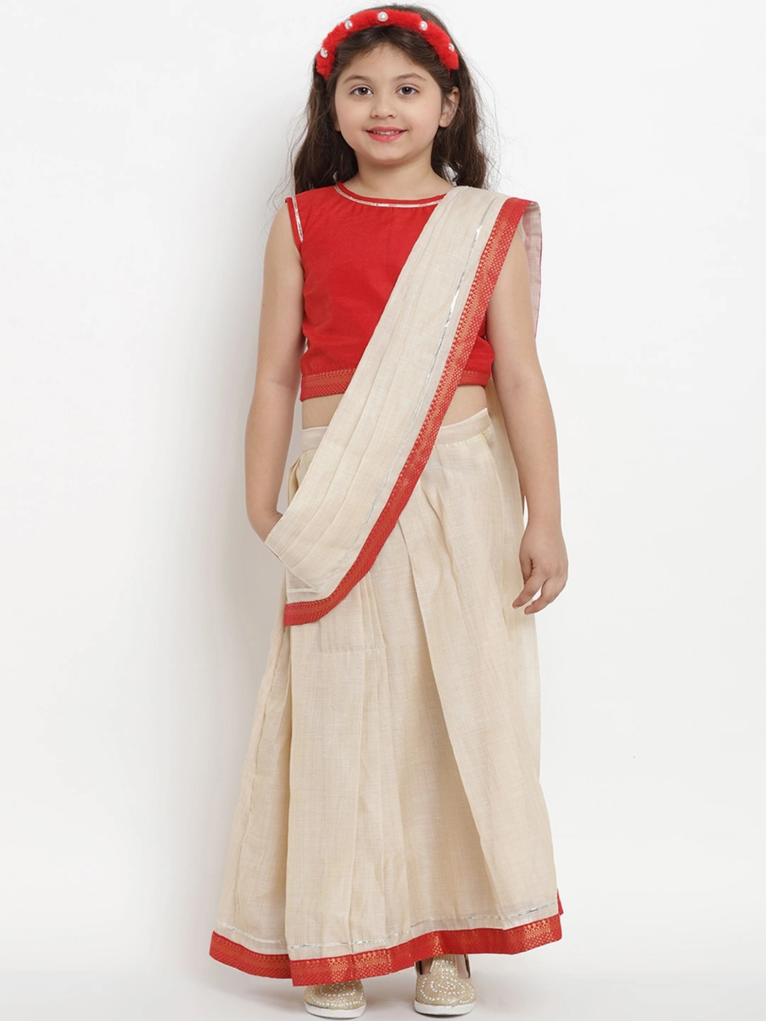 Bitiya by Bhama Girls Beige &amp; Red Art Silk Solid Chanderi Saree-BBB011_7-8Y