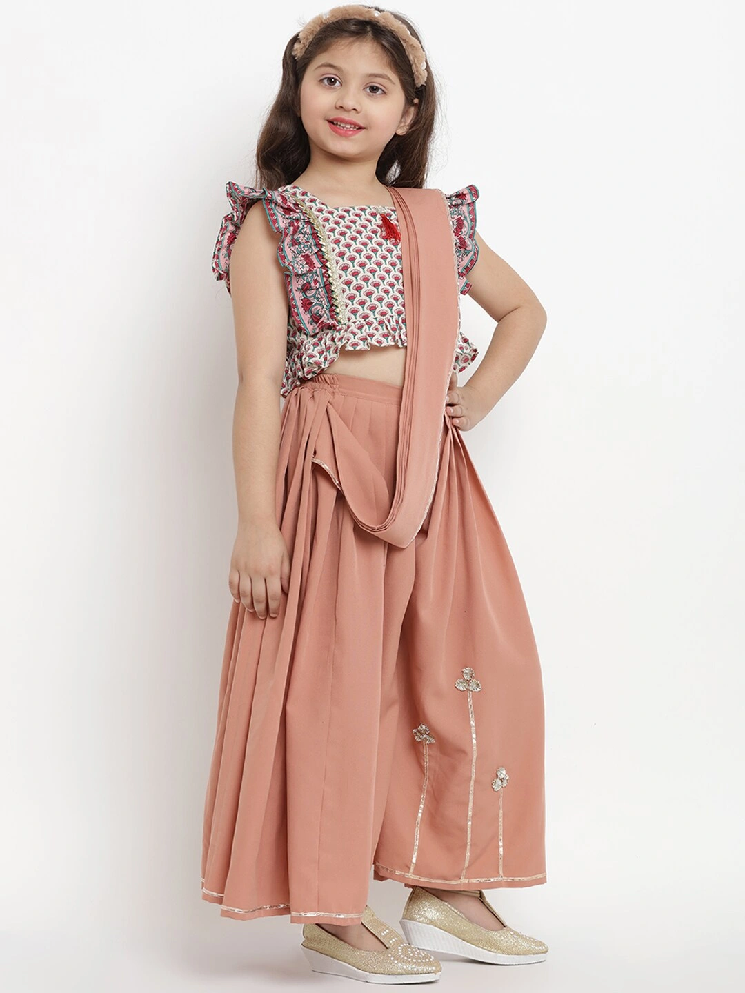 Bitiya by Bhama Girls Peach-Coloured Crepe Saree With Red Printed Cotton Blouse-BBB013_3-4Y