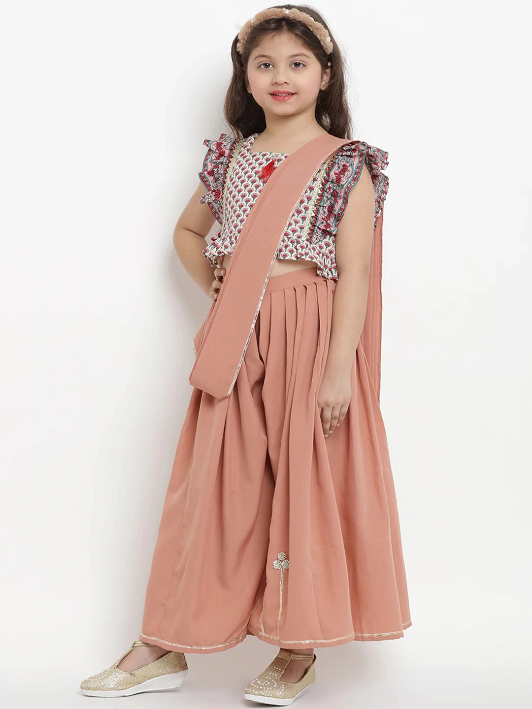 Bitiya by Bhama Girls Peach-Coloured Crepe Saree With Red Printed Cotton Blouse-3-4Y-1