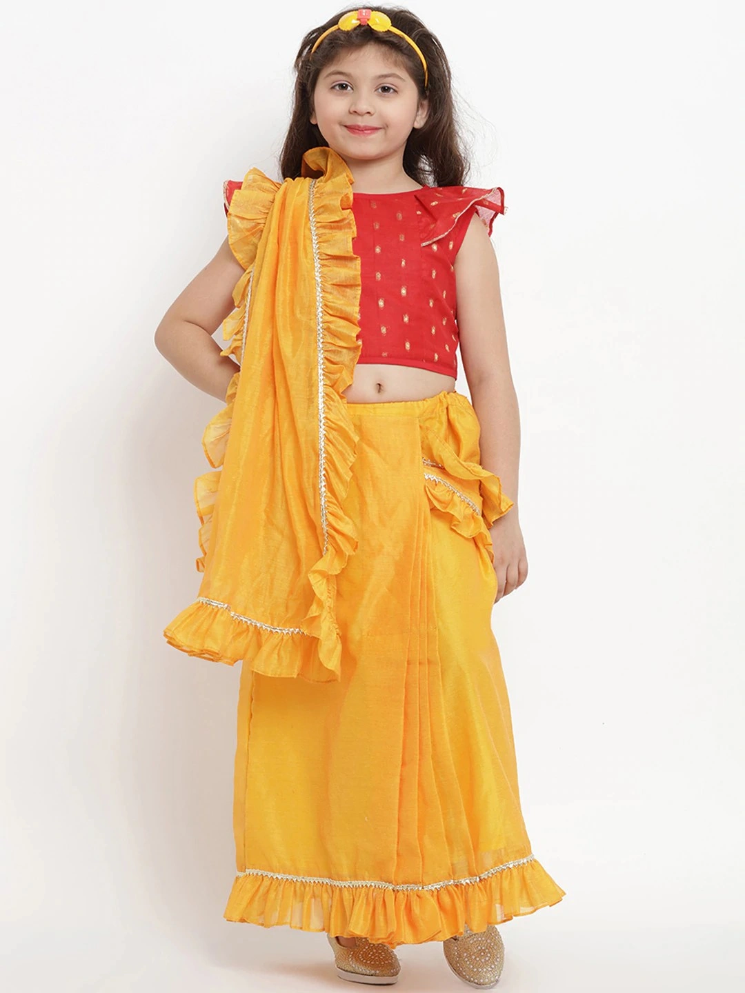 Bitiya by Bhama Yellow &amp; Red Pure Cotton Solid Chanderi Saree-BBB014_4-5Y