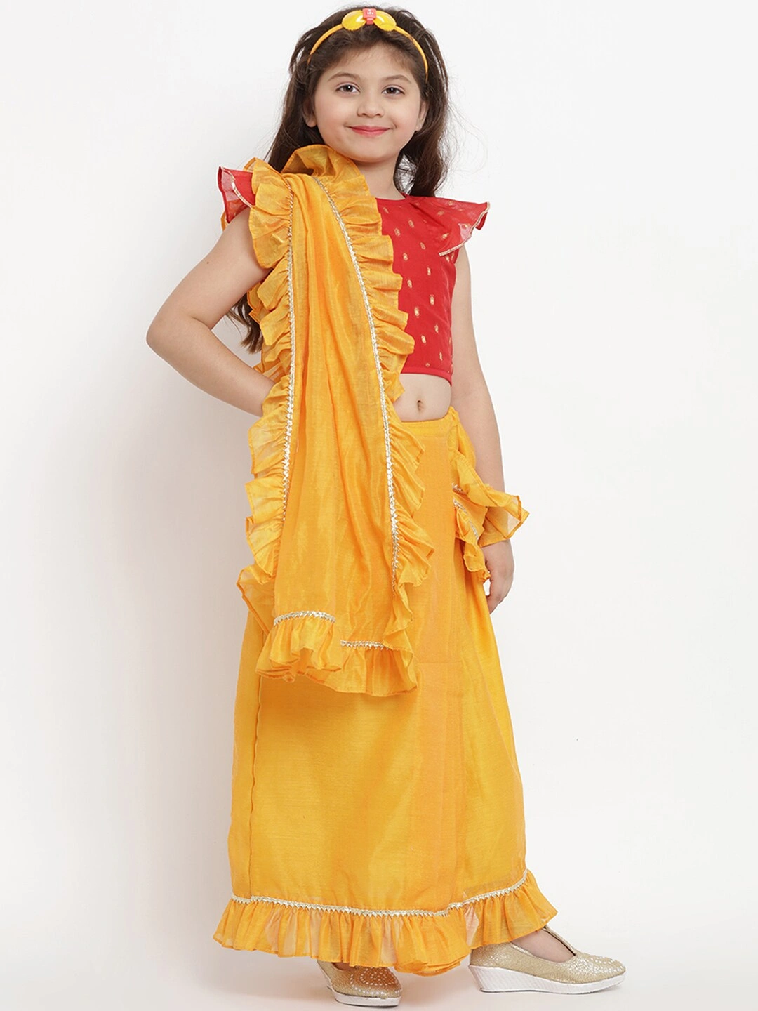 Bitiya by Bhama Yellow &amp; Red Pure Cotton Solid Chanderi Saree-4-5Y-2