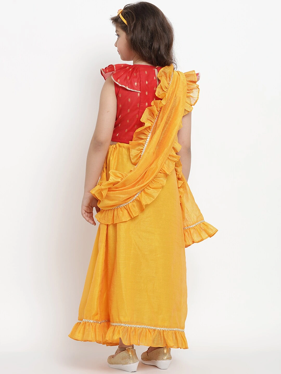 Bitiya by Bhama Yellow &amp; Red Pure Cotton Solid Chanderi Saree-4-5Y-3