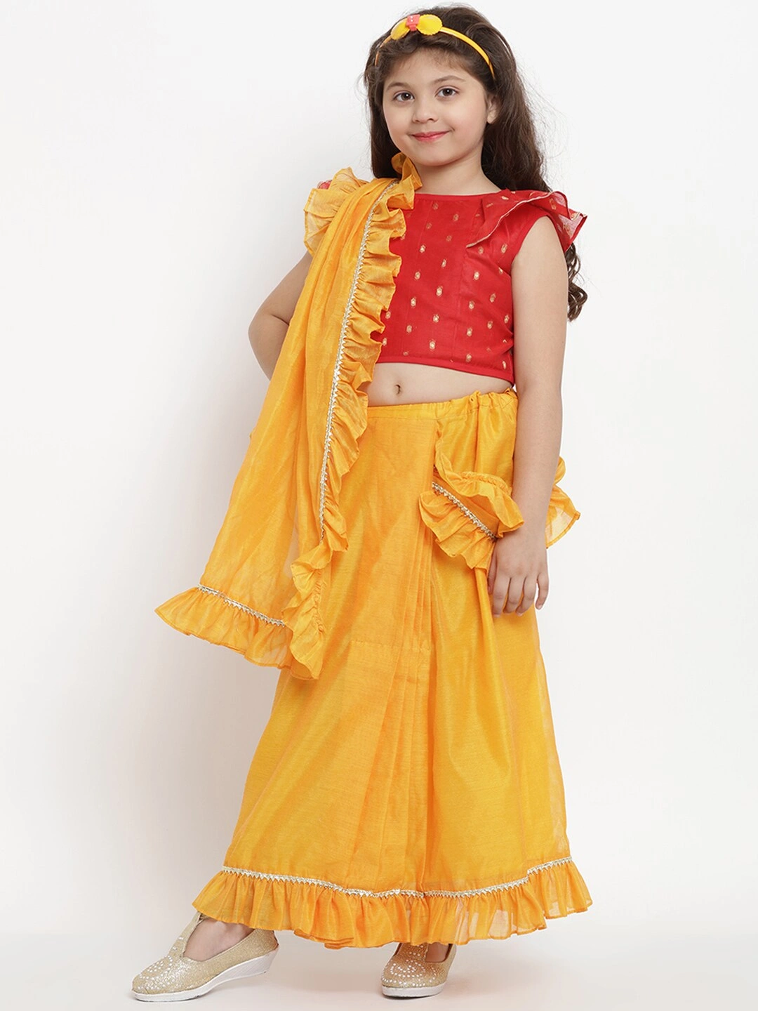 Bitiya by Bhama Yellow &amp; Red Pure Cotton Solid Chanderi Saree-7-8Y-1