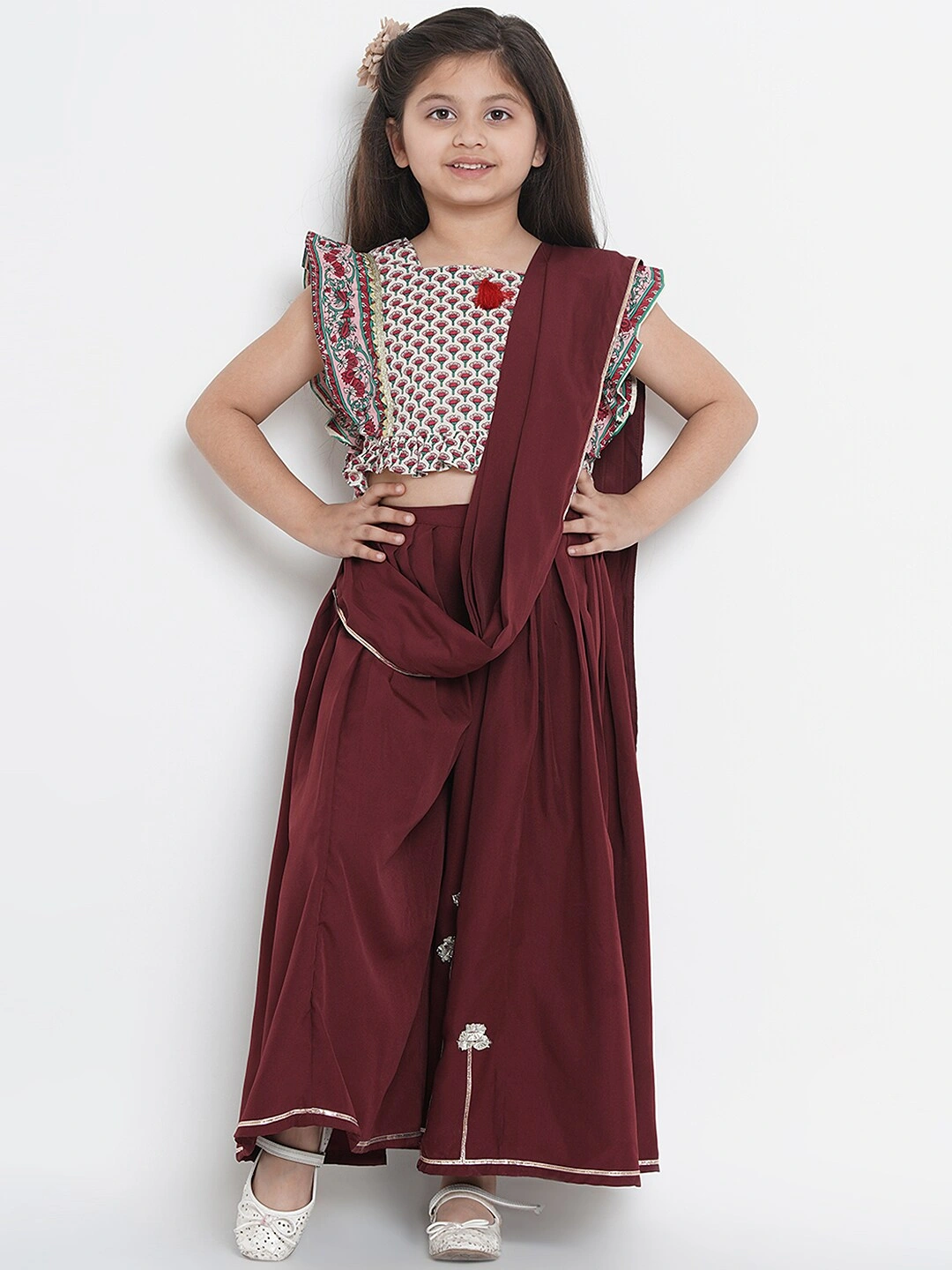 Bitiya by Bhama Maroon &amp; Cream-Coloured Poly Crepe Printed Saree-BBB039_4-5Y