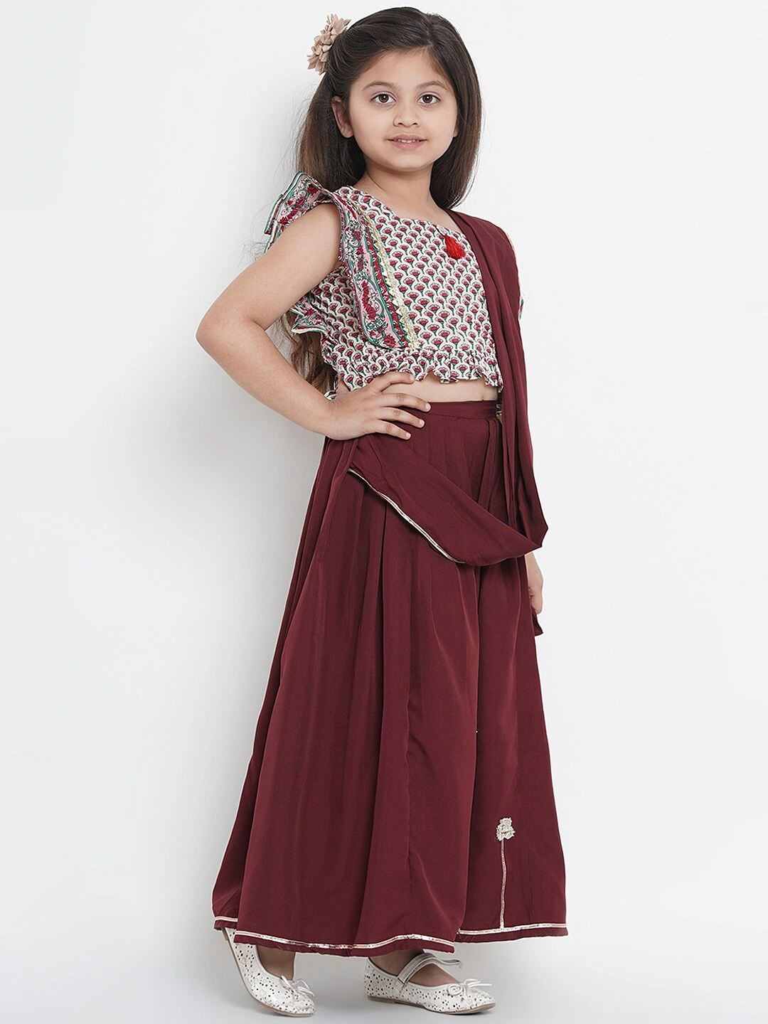 Bitiya by Bhama Maroon &amp; Cream-Coloured Poly Crepe Printed Saree-4-5Y-1