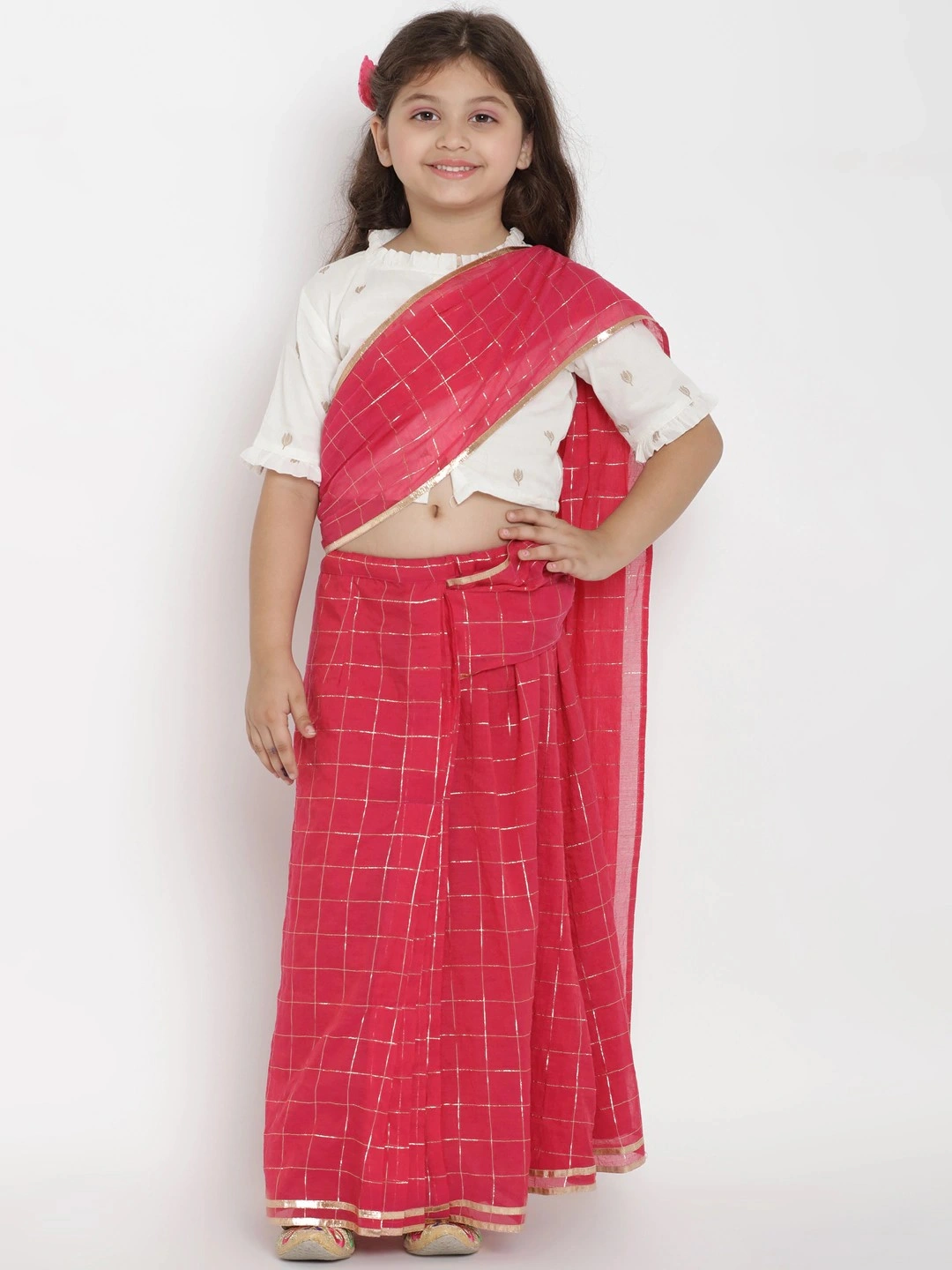 Bitiya by Bhama Girls Fuchsia &amp; Off-White Checked Chanderi Silk Saree With Printed Blouse-BBT163_5-6Y