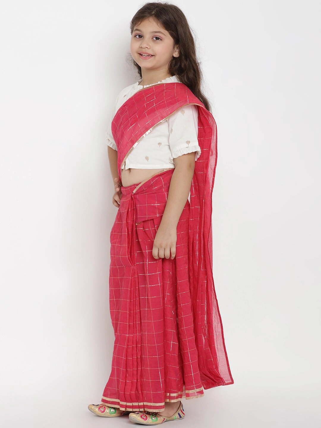 Bitiya by Bhama Girls Fuchsia &amp; Off-White Checked Chanderi Silk Saree With Printed Blouse-5-6Y-1