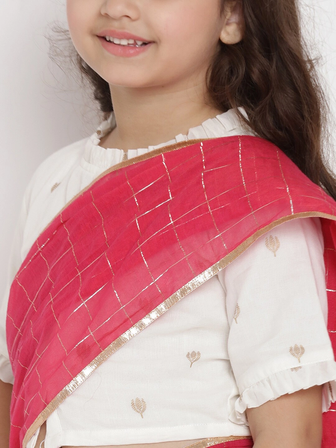 Bitiya by Bhama Girls Fuchsia &amp; Off-White Checked Chanderi Silk Saree With Printed Blouse-5-6Y-4