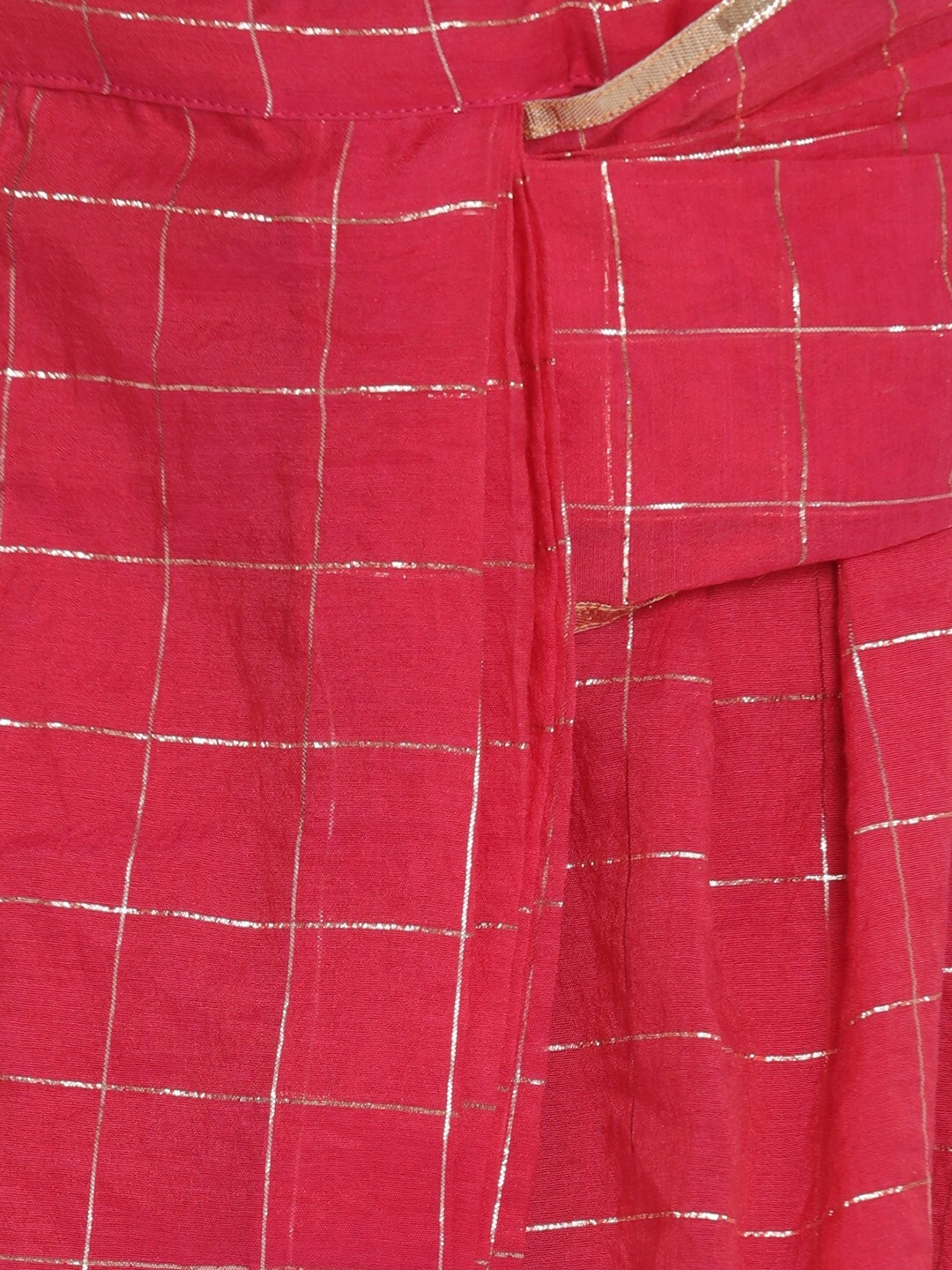 Bitiya by Bhama Girls Fuchsia &amp; Off-White Checked Chanderi Silk Saree With Printed Blouse-5-6Y-5