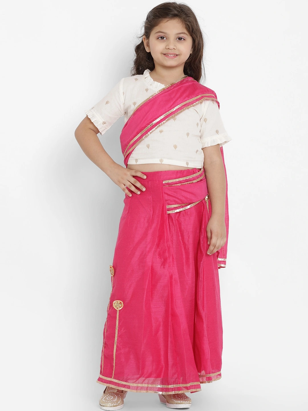 Bitiya by Bhama Girls Fuchsia Solid Chanderi Silk Embellished Saree With White Blouse-BBT168_3-4Y