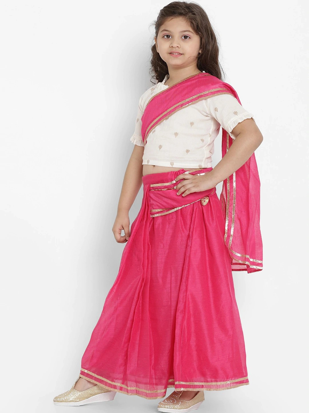 Bitiya by Bhama Girls Fuchsia Solid Chanderi Silk Embellished Saree With White Blouse-3-4Y-1