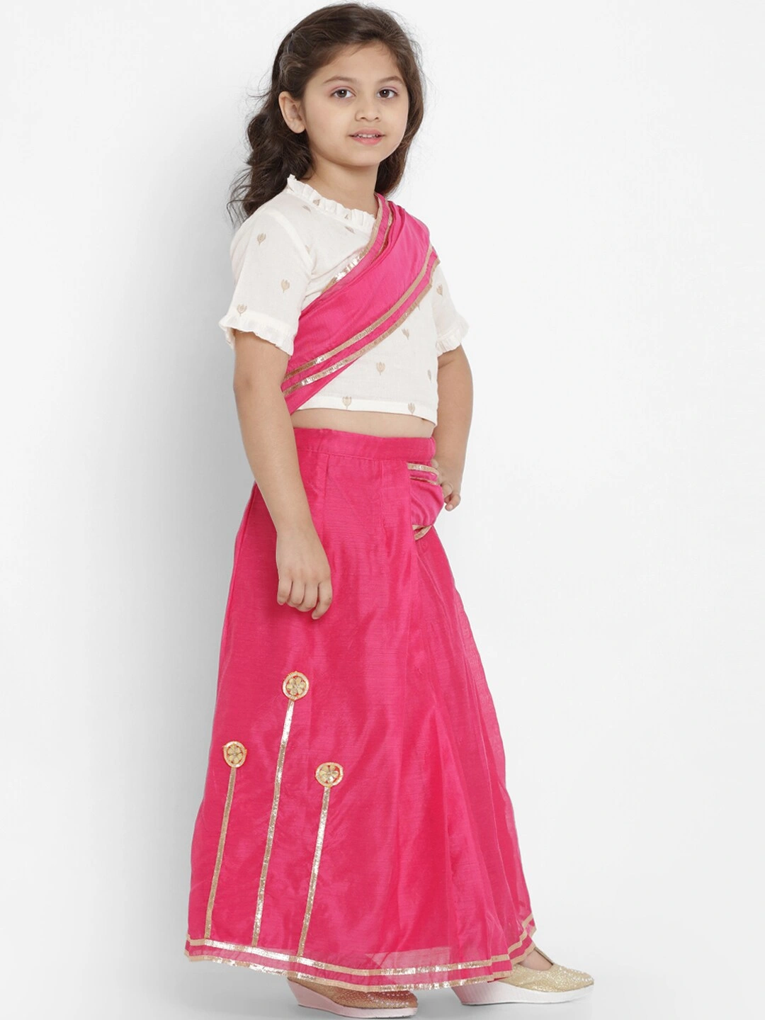 Bitiya by Bhama Girls Fuchsia Solid Chanderi Silk Embellished Saree With White Blouse-3-4Y-2