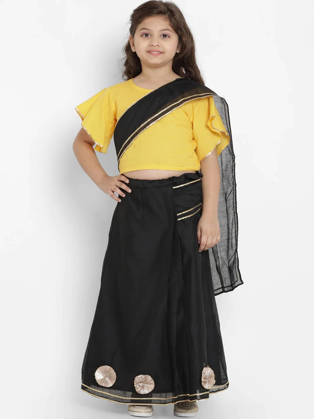 Bitiya by Bhama Girls Yellow &amp; Black Solid Gotta Patti Silk Saree Blouse With Saree-BBT169_3-4Y