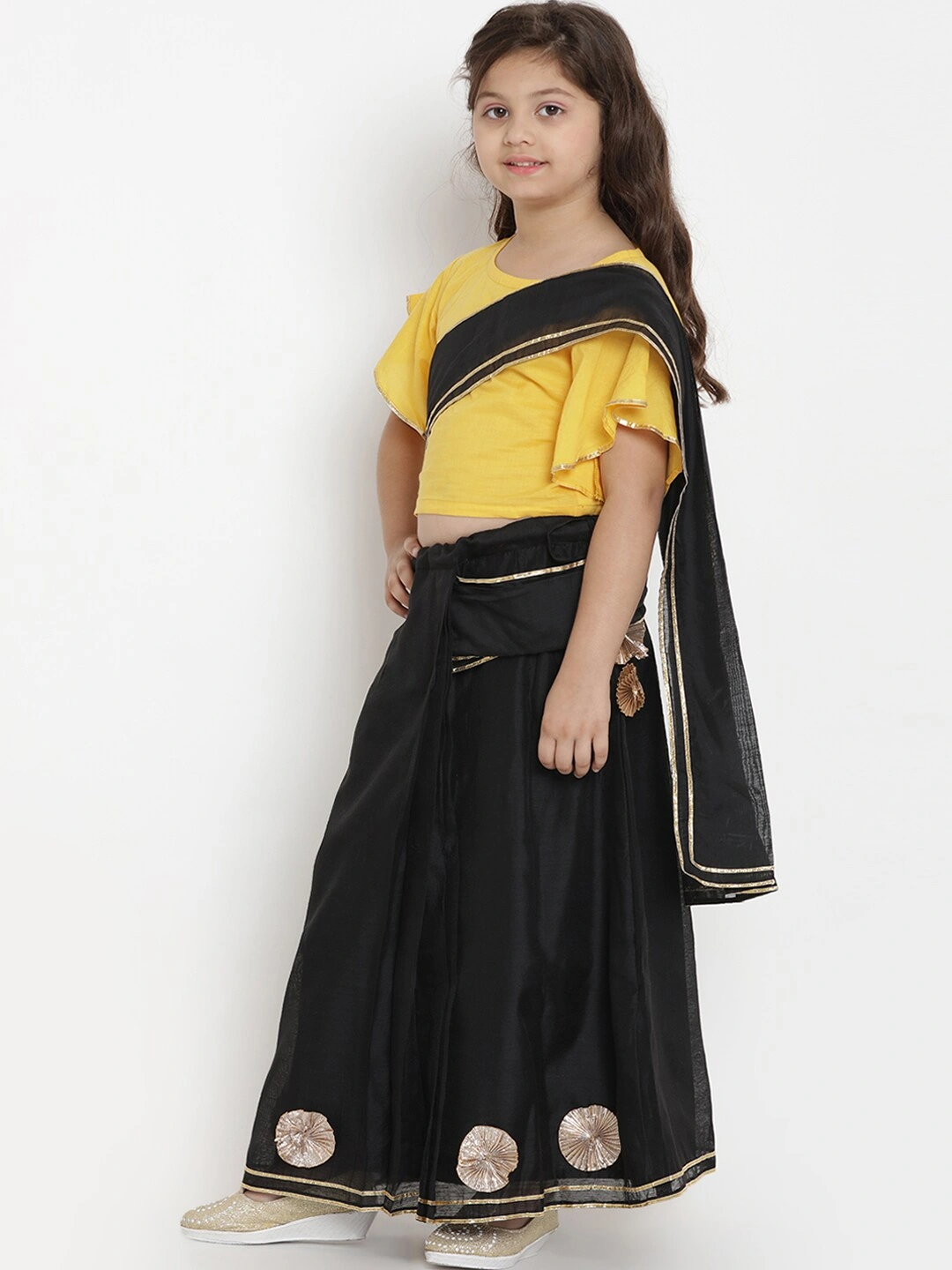 Bitiya by Bhama Girls Yellow &amp; Black Solid Gotta Patti Silk Saree Blouse With Saree-3-4Y-1