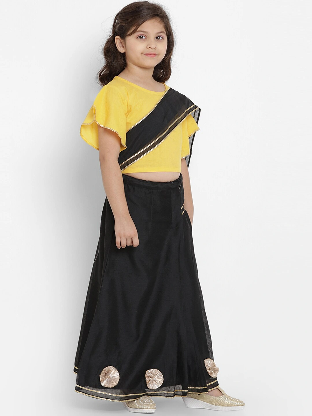 Bitiya by Bhama Girls Yellow &amp; Black Solid Gotta Patti Silk Saree Blouse With Saree-3-4Y-2