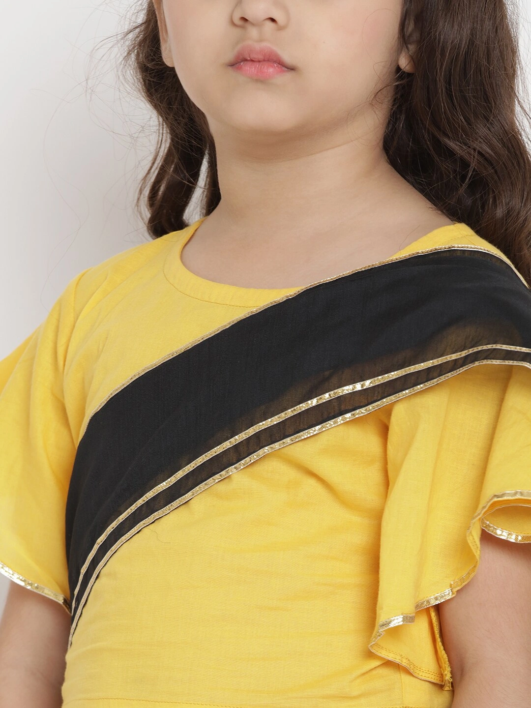 Bitiya by Bhama Girls Yellow &amp; Black Solid Gotta Patti Silk Saree Blouse With Saree-3-4Y-4