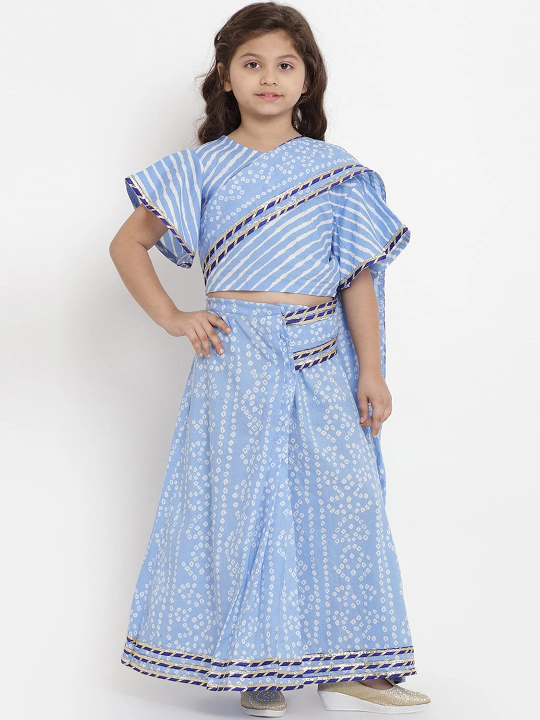 Bitiya by Bhama Girls Blue &amp; White Printed Bandhej Saree With Blouse-BBT170_3-4Y